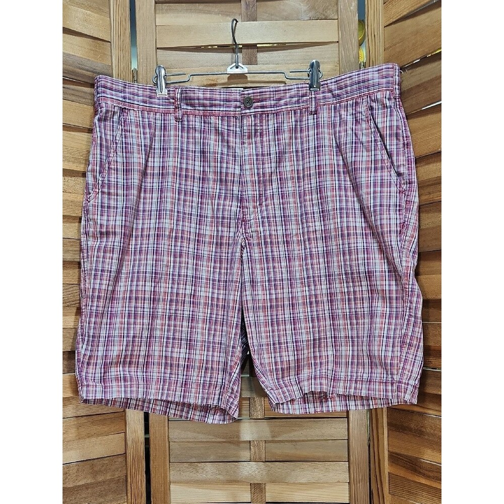 Izod Red White Plaid Flat Front Shorts Men 42 Golf Outdoor Cotton
